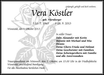Traueranzeige von Vera Köstler von Frankenpost