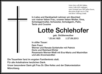 Traueranzeige von Lotte Schlehofer von Frankenpost