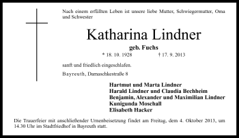 Traueranzeige von Katharina Lindner von Neue Presse Coburg