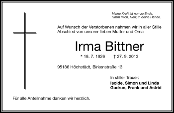 Traueranzeige von Irma Bittner von Frankenpost