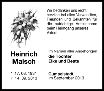 Traueranzeige von Heinrich Malsch von Südthüringer Presse