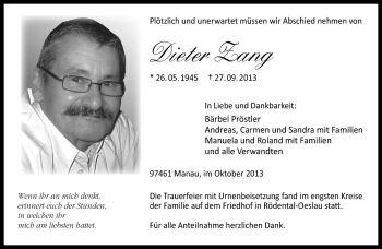 Traueranzeige von Dieter Zang von Neue Presse Coburg
