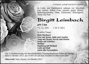 Traueranzeige von Birgitt Leimbach von Südthüringer Presse