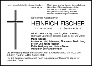 Traueranzeige von Heinrich Fischer von Frankenpost