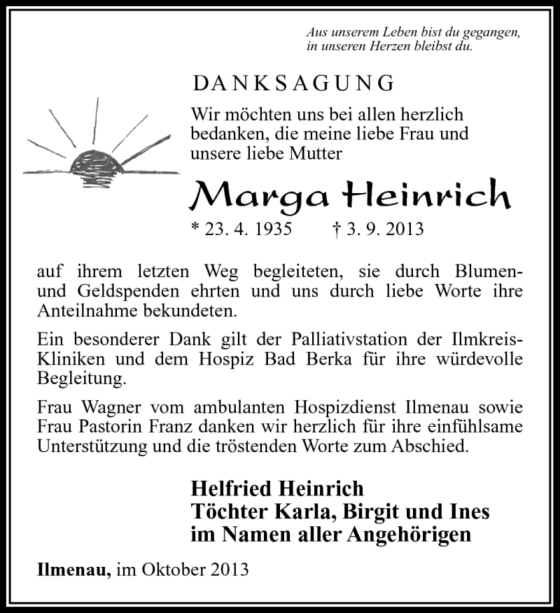  Traueranzeige für Marga Heinrich vom 05.10.2013 aus Südthüringer Presse