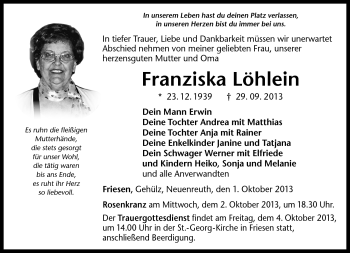 Traueranzeige von Franziska Löhlein von Neue Presse Coburg