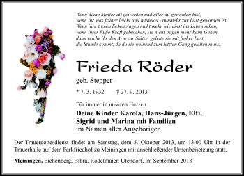Traueranzeige von Frieda Röder von Südthüringer Presse