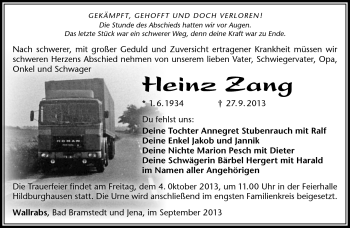 Traueranzeige von Heinz Zang von Südthüringer Presse