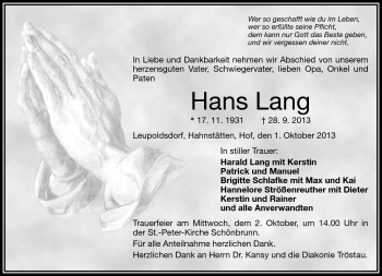 Traueranzeige von Hans Lang von Frankenpost