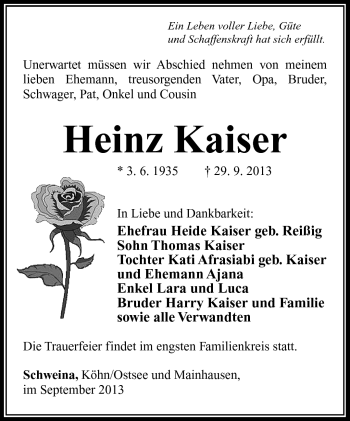 Traueranzeige von Heinz Kaiser von Südthüringer Presse