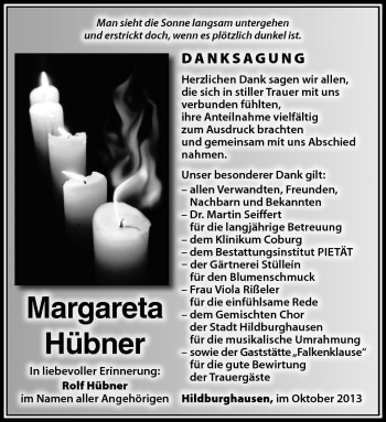 Traueranzeige von Margareta Hübner von Südthüringer Presse