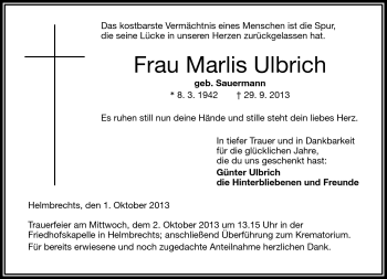 Traueranzeige von Marlis Ulbrich von Frankenpost