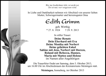 Traueranzeige von Edith Grimm von Südthüringer Presse