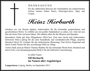 Traueranzeige von Heinz Herbarth von Südthüringer Presse