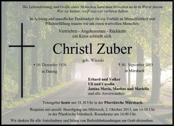 Traueranzeige von Christl Zuber von Neue Presse Coburg