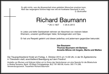 Traueranzeige von Richard Baumann von Frankenpost