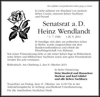 Traueranzeige von Heinz Wendlandt von Frankenpost