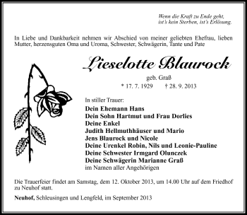 Traueranzeige von Lieselotte Blaurock von Südthüringer Presse