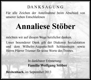 Traueranzeige von Annaliese Stöber von Südthüringer Presse