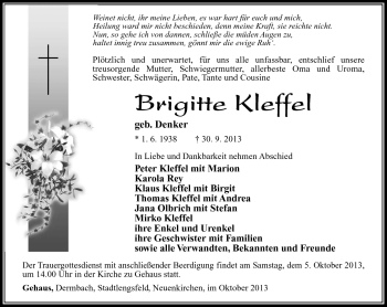Traueranzeige von Brigitte Kleffel von Südthüringer Presse