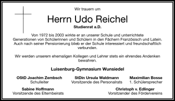 Traueranzeige von Udo Reichel von Frankenpost