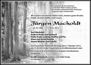 Traueranzeige von Jürgen Macholdt von Südthüringer Presse