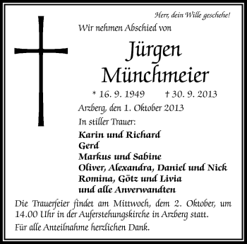 Traueranzeige von Jürgen Münchmeier von Frankenpost