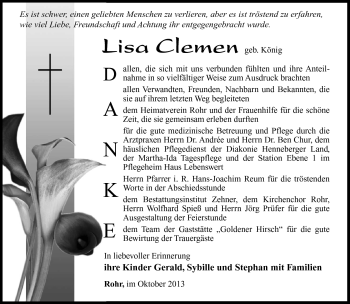 Traueranzeige von Lisa Clemen von Südthüringer Presse