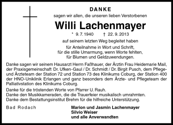 Traueranzeige von Wili Lachenmayer von Neue Presse Coburg