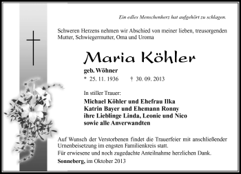 Traueranzeige von Maria Köhler von Südthüringer Presse