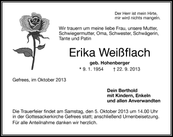 Traueranzeige von Erika Weißflach von Frankenpost
