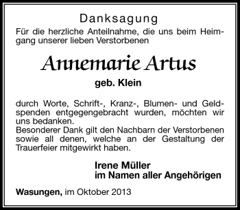 Traueranzeige von Annemarie Artus von Südthüringer Presse