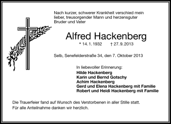 Traueranzeige von Alfred Hackenberg von Frankenpost