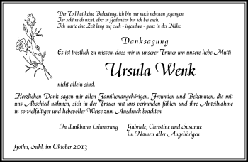 Traueranzeige von Ursula Wenk von Südthüringer Presse