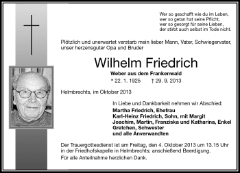 Traueranzeige von Wilhelm Friedrich von Frankenpost