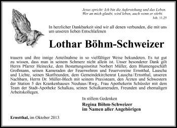 Traueranzeige von Lothar Böhm-Schweizer von Südthüringer Presse
