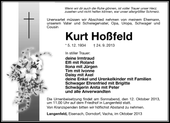 Traueranzeige von Kurt Hoßfeld von Südthüringer Presse