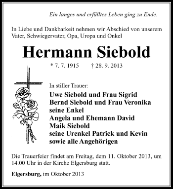 Traueranzeige von Hermann Siebold von Südthüringer Presse