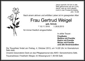 Traueranzeige von Gertrud Weigel von Frankenpost