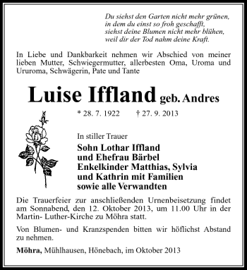 Traueranzeige von Luise Iffland von Südthüringer Presse