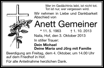 Traueranzeige von Anett Gemeiner von Frankenpost