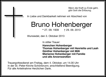 Traueranzeige von Bruno Hohenberger von Frankenpost