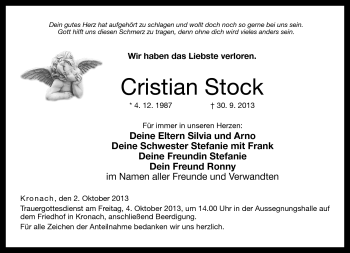 Traueranzeige von Cristian Stock von Neue Presse Coburg