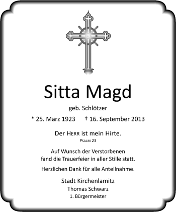 Traueranzeige von Sitta Magd von Frankenpost