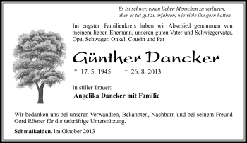 Traueranzeige von Günther Danker von Südthüringer Presse