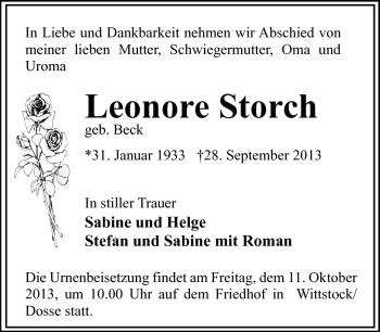 Traueranzeige von Leonore Storch von Südthüringer Presse
