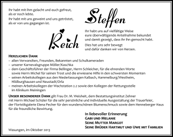 Traueranzeige von Steffen Reich von Südthüringer Presse