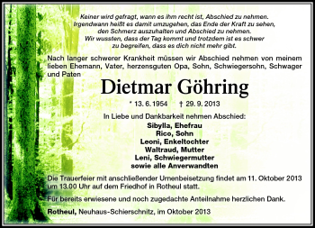 Traueranzeige von Dietmar Göhring von Südthüringer Presse