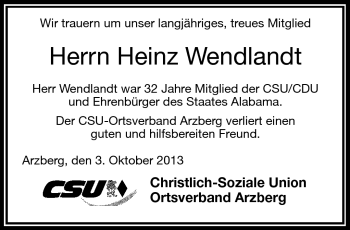 Traueranzeige von Heinz Wendland von Frankenpost