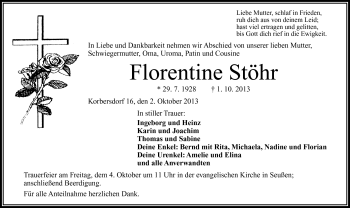Traueranzeige von Florentine Stöhr von Frankenpost